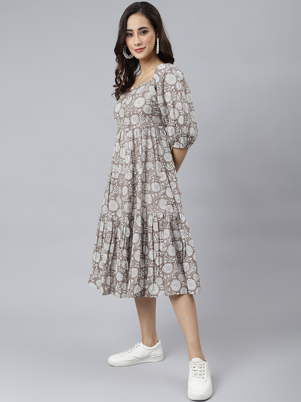 Janasya Women's Grey Cotton Floral Printed Flared Western Dress | Grocsy