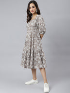 Janasya Women's Grey Cotton Floral Printed Flared Western Dress | Grocsy