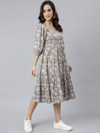 Janasya Women's Grey Cotton Floral Printed Flared Western Dress | Grocsy