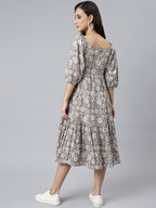 Janasya Women's Grey Cotton Floral Printed Flared Western Dress | Grocsy