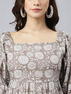 Janasya Women's Grey Cotton Floral Printed Flared Western Dress | Grocsy