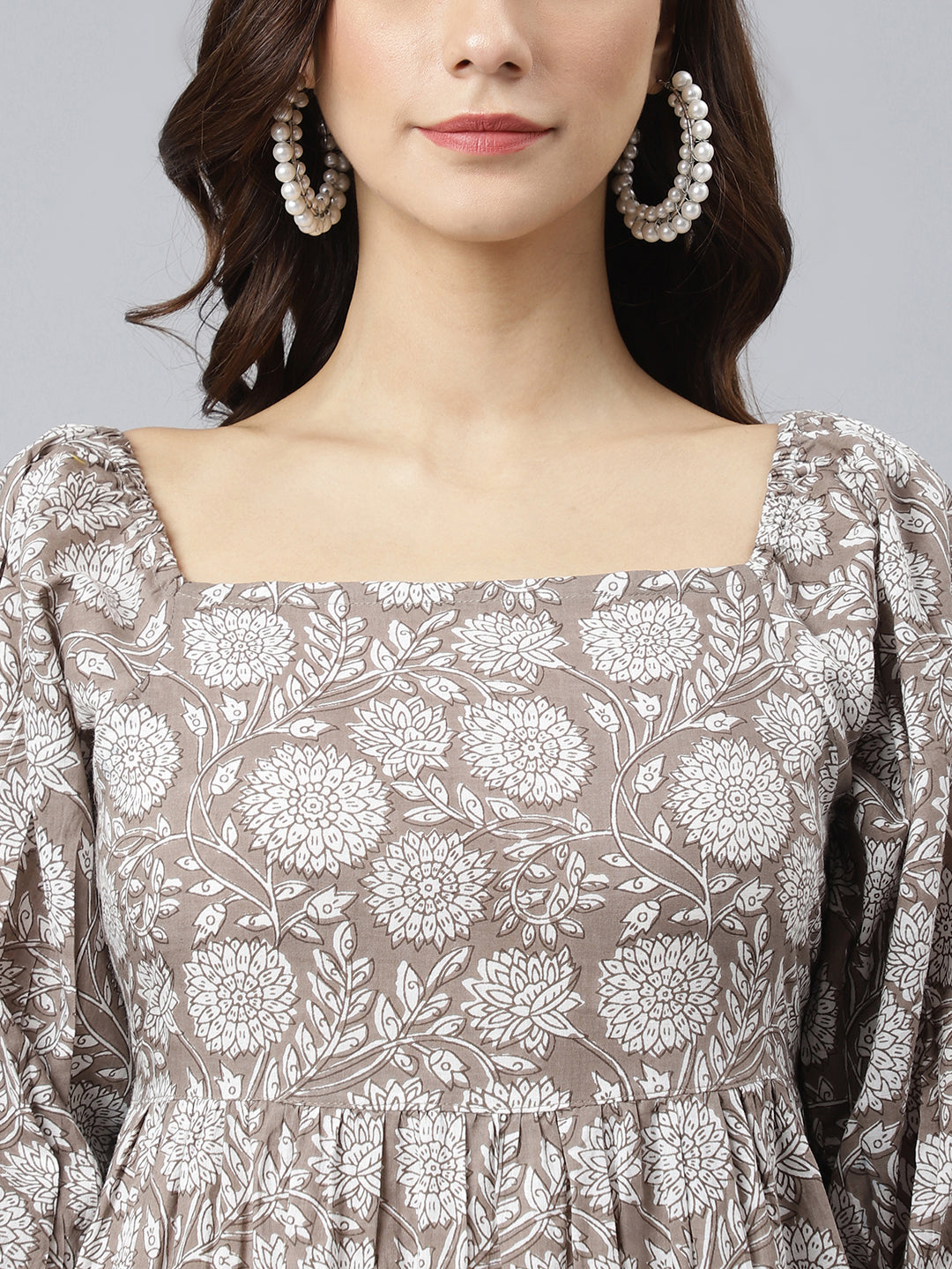 Janasya Women's Grey Cotton Floral Printed Flared Western Dress | Grocsy