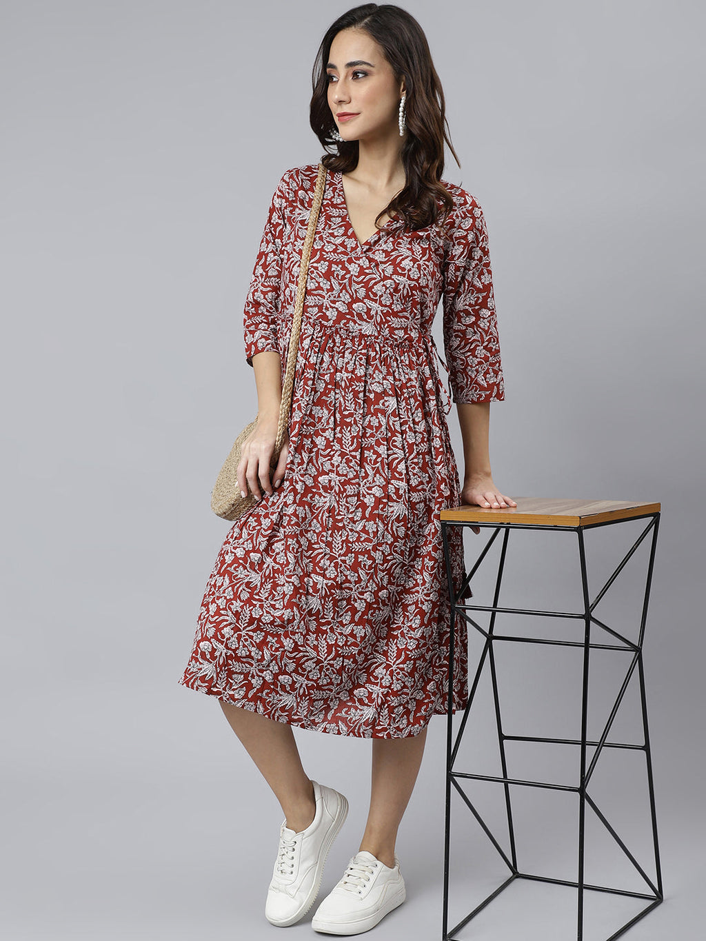 Janasya Women's Maroon Cotton Floral Printed Angrakha Western Dress | Grocsy