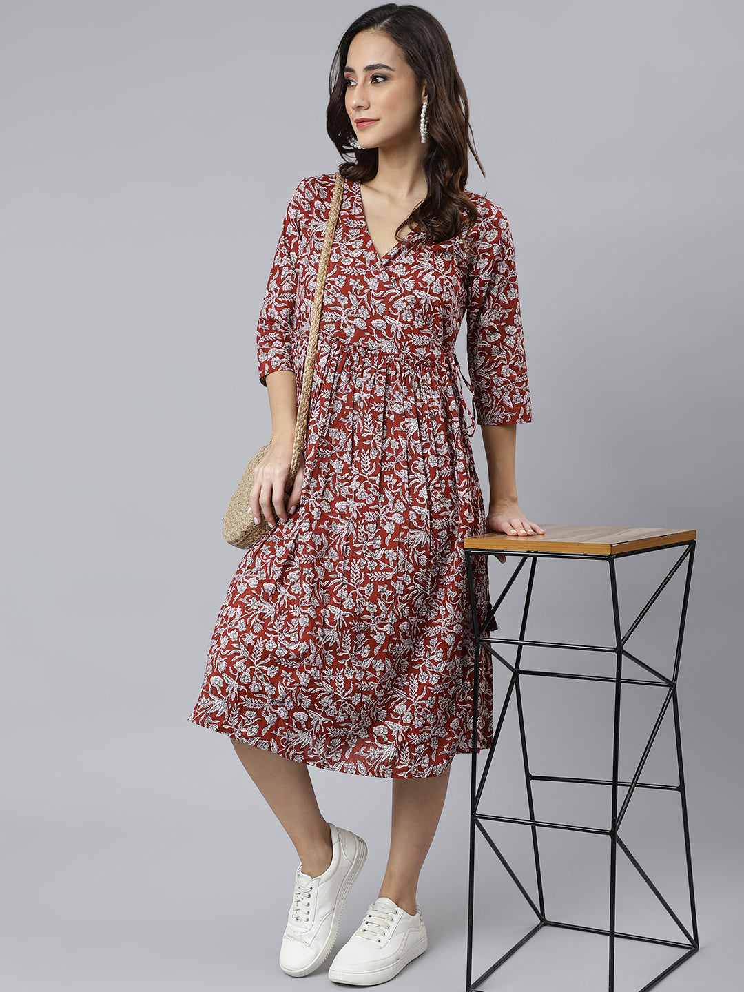 Janasya Women's Maroon Cotton Floral Printed Angrakha Western Dress | Grocsy