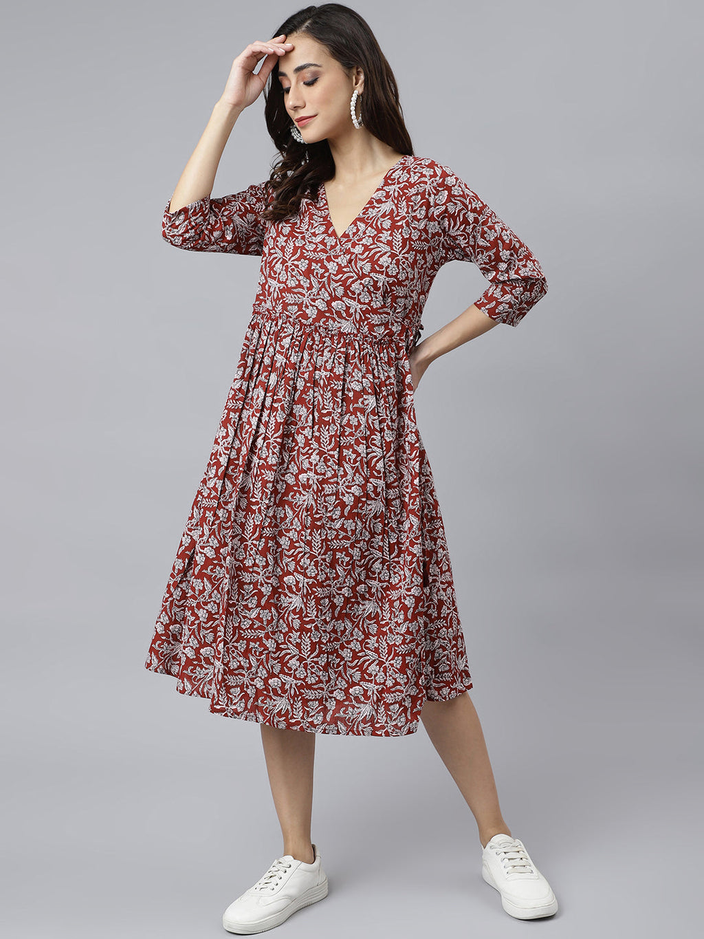 Janasya Women's Maroon Cotton Floral Printed Angrakha Western Dress | Grocsy