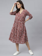Janasya Women's Maroon Cotton Floral Printed Angrakha Western Dress | Grocsy