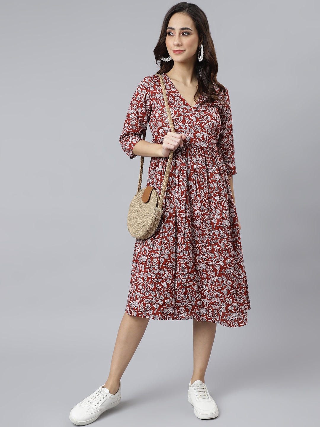 Janasya Women's Maroon Cotton Floral Printed Angrakha Western Dress | Grocsy