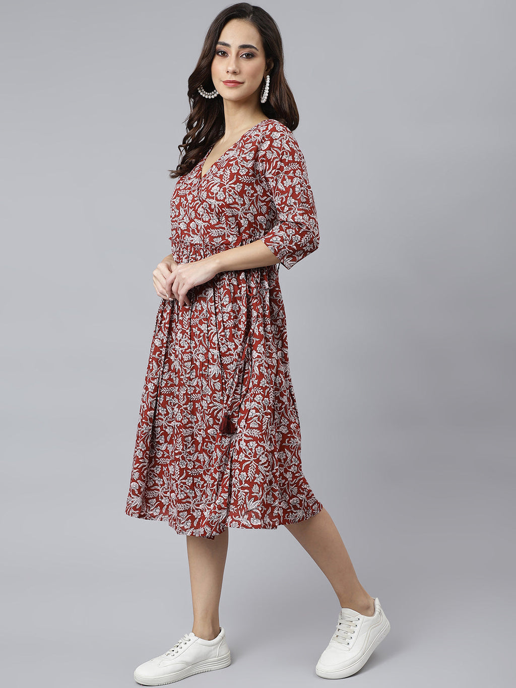 Janasya Women's Maroon Cotton Floral Printed Angrakha Western Dress | Grocsy