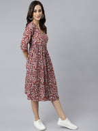 Janasya Women's Maroon Cotton Floral Printed Angrakha Western Dress | Grocsy