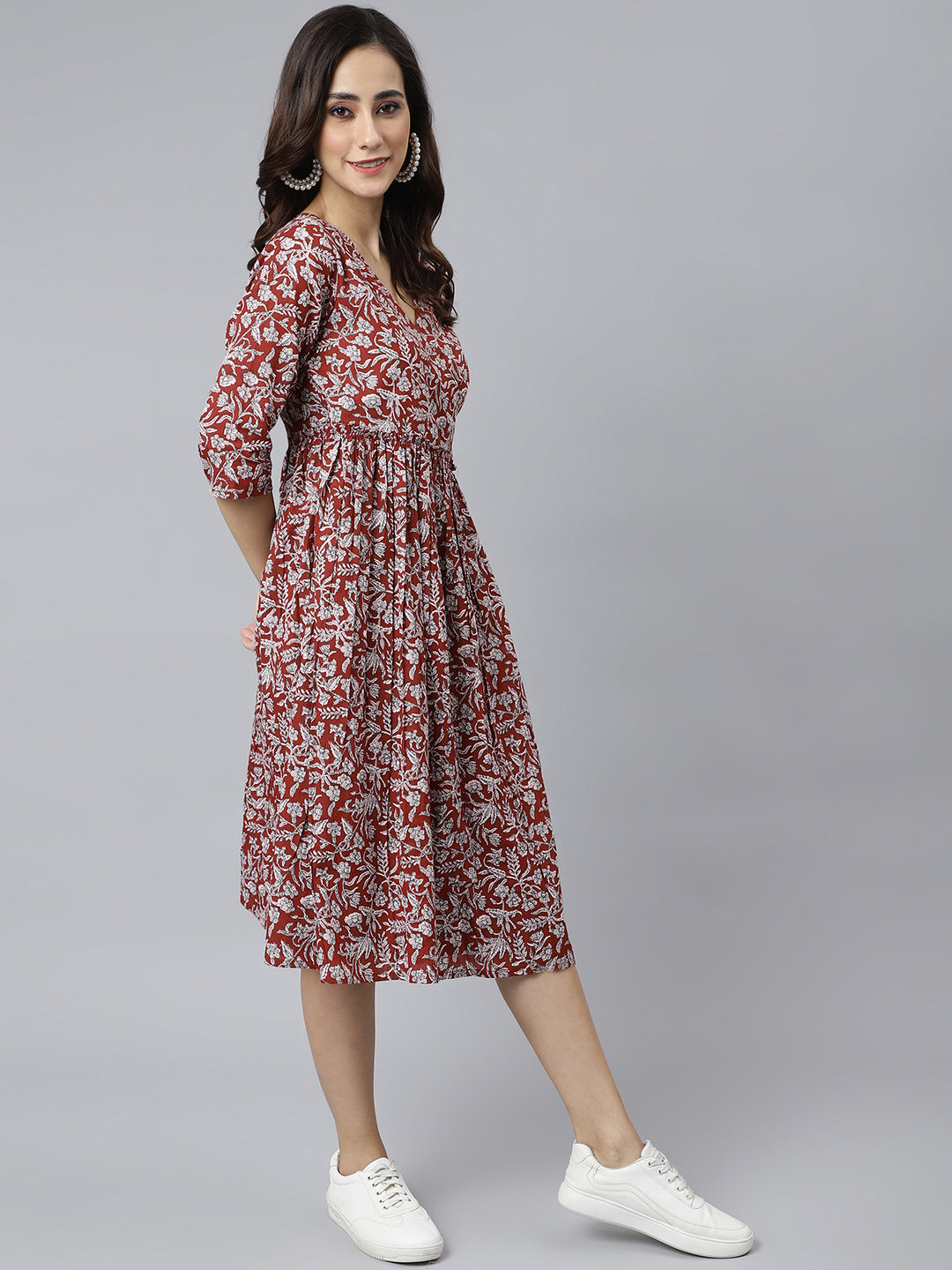 Janasya Women's Maroon Cotton Floral Printed Angrakha Western Dress | Grocsy