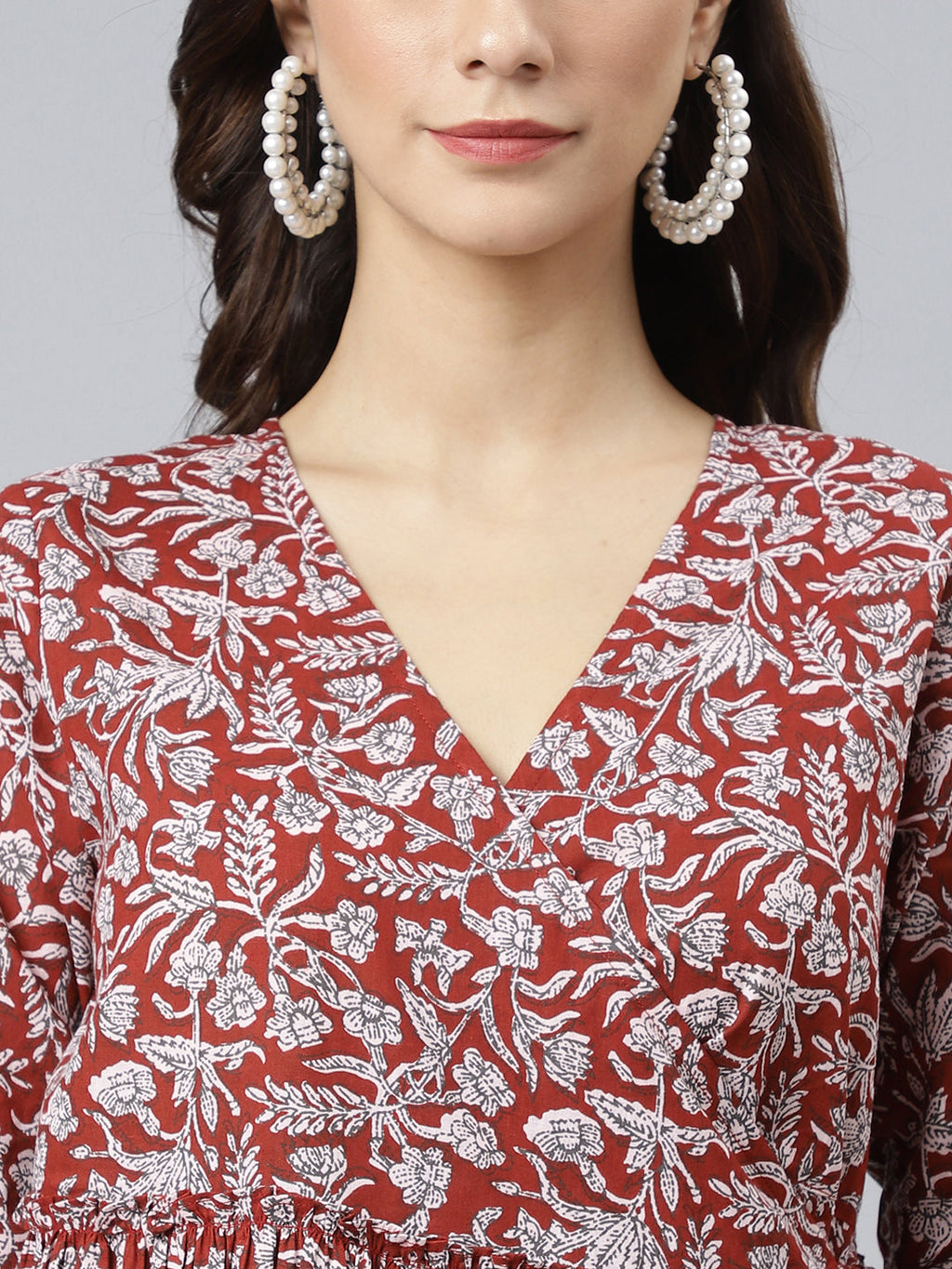 Janasya Women's Maroon Cotton Floral Printed Angrakha Western Dress | Grocsy