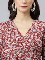 Janasya Women's Maroon Cotton Floral Printed Angrakha Western Dress | Grocsy