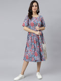 Janasya Women's Sky Blue Cotton Floral Printed Flared Western Dress | Grocsy