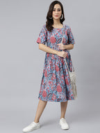 Janasya Women's Sky Blue Cotton Floral Printed Flared Western Dress | Grocsy