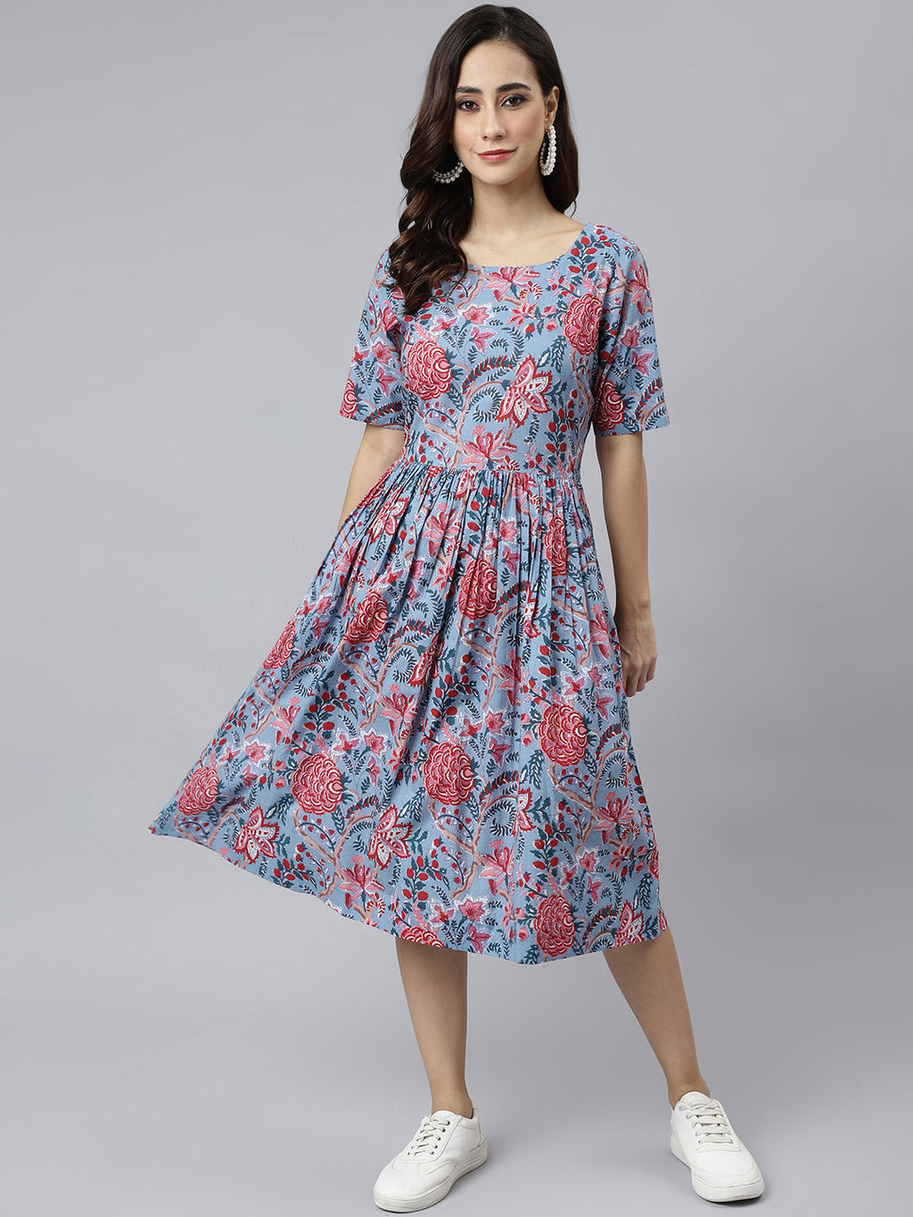 Janasya Women's Sky Blue Cotton Floral Printed Flared Western Dress | Grocsy