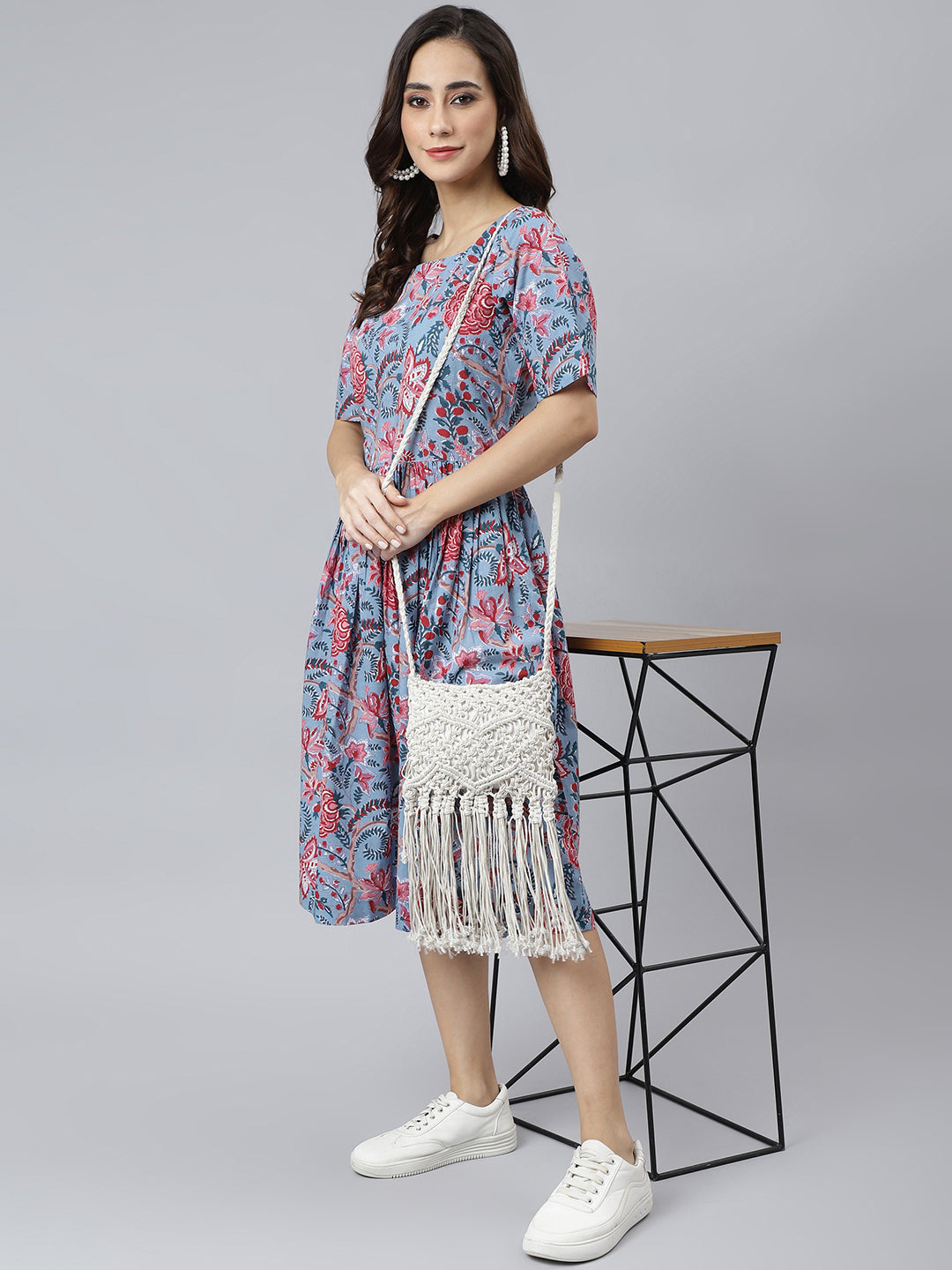 Janasya Women's Sky Blue Cotton Floral Printed Flared Western Dress | Grocsy
