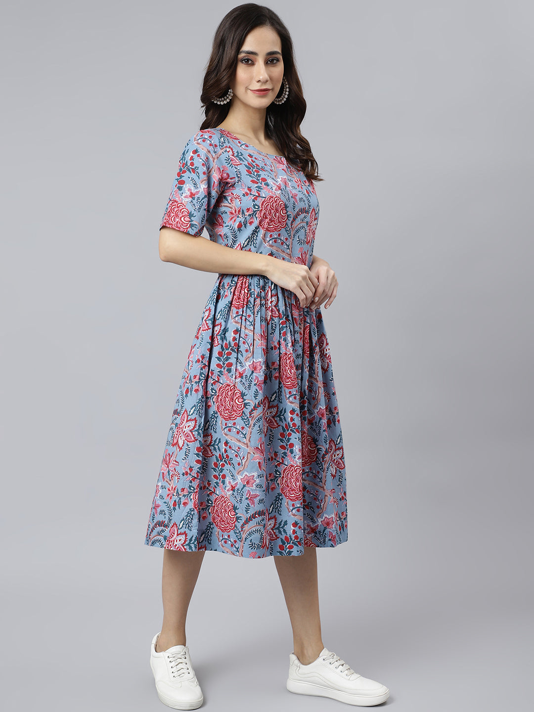 Janasya Women's Sky Blue Cotton Floral Printed Flared Western Dress | Grocsy