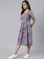 Janasya Women's Sky Blue Cotton Floral Printed Flared Western Dress | Grocsy