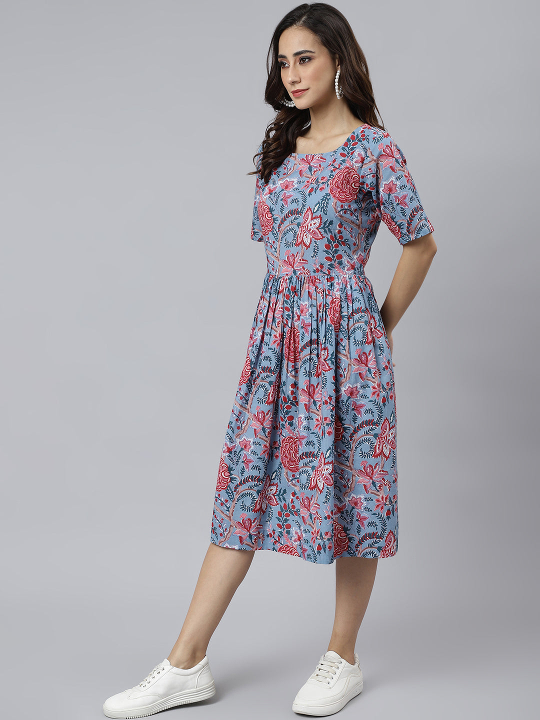 Janasya Women's Sky Blue Cotton Floral Printed Flared Western Dress | Grocsy