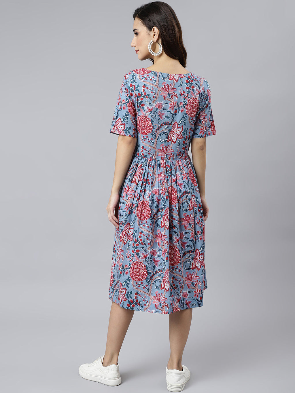 Janasya Women's Sky Blue Cotton Floral Printed Flared Western Dress | Grocsy