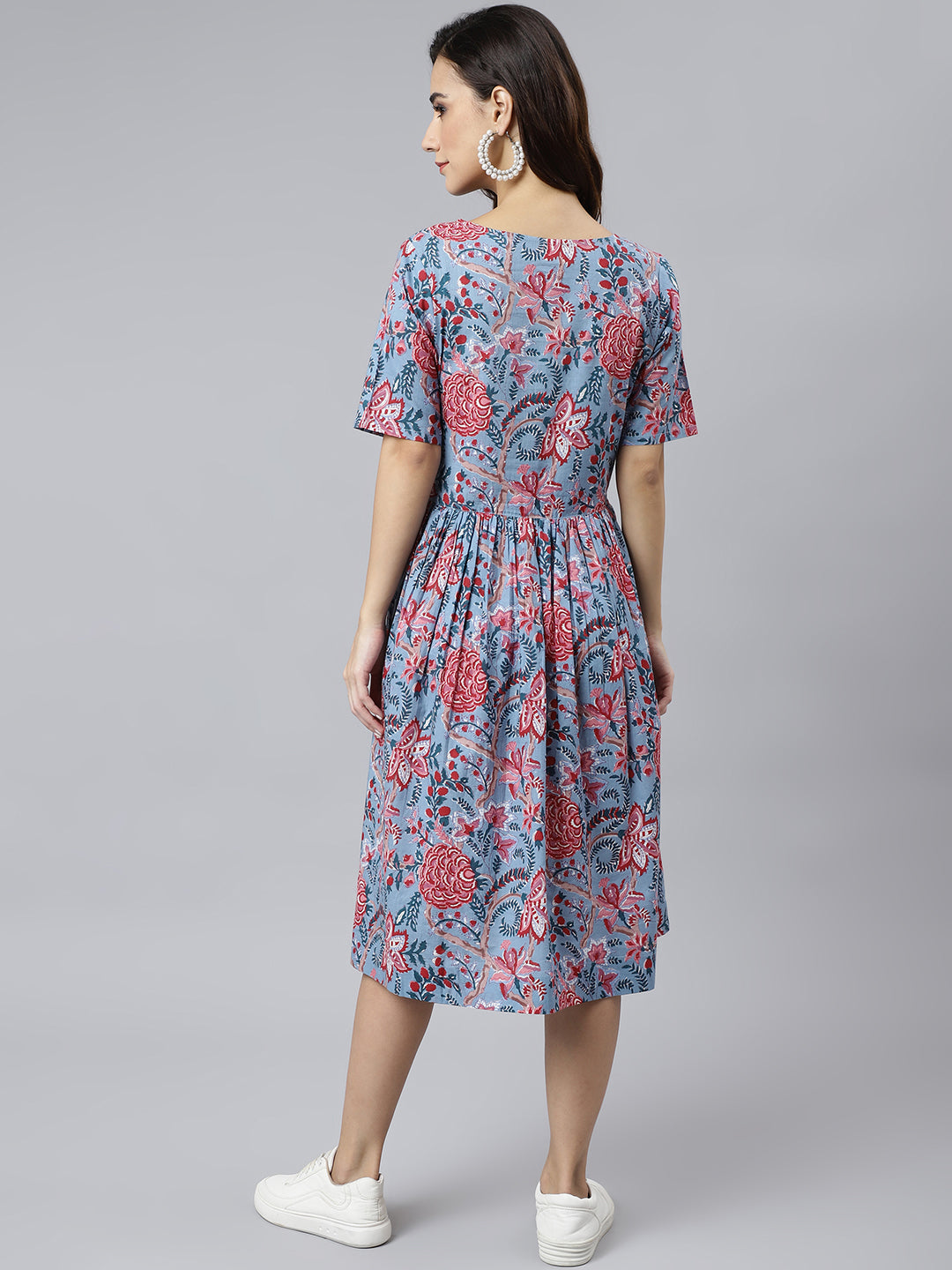 Janasya Women's Sky Blue Cotton Floral Printed Flared Western Dress | Grocsy