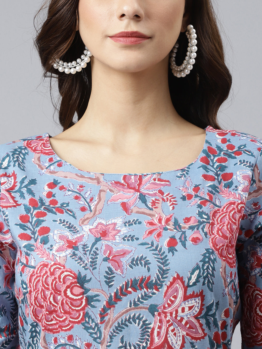 Janasya Women's Sky Blue Cotton Floral Printed Flared Western Dress | Grocsy