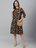 Janasya Women's Black Cotton Floral Printed Flared Western Dress | Grocsy
