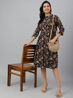 Janasya Women's Black Cotton Floral Printed Flared Western Dress | Grocsy