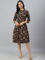 Janasya Women's Black Cotton Floral Printed Flared Western Dress | Grocsy