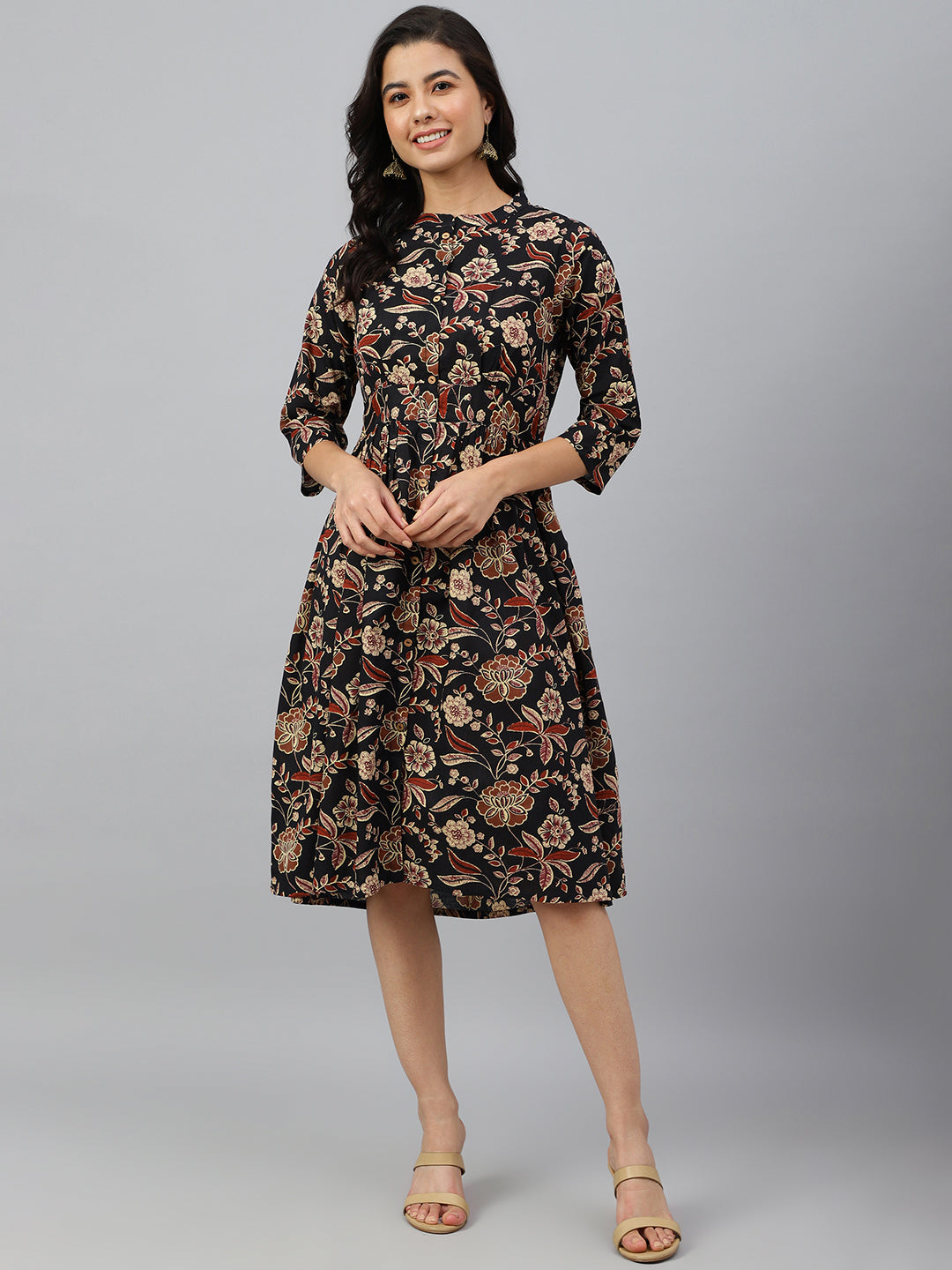 Janasya Women's Black Cotton Floral Printed Flared Western Dress | Grocsy