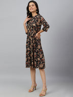 Janasya Women's Black Cotton Floral Printed Flared Western Dress | Grocsy