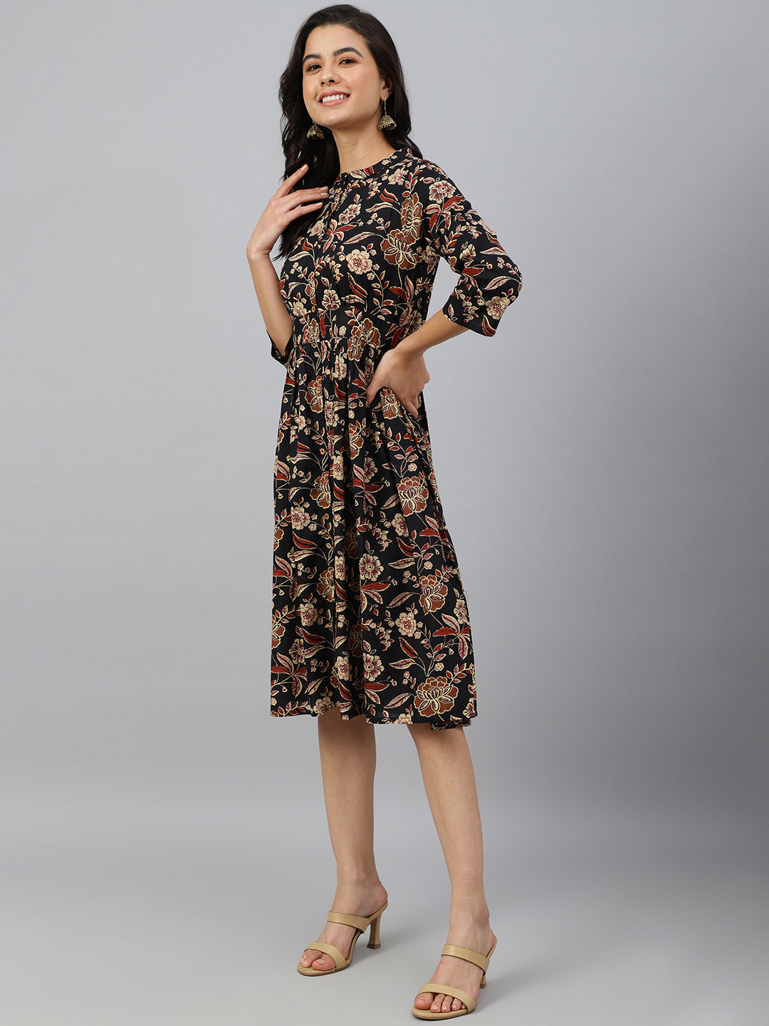 Janasya Women's Black Cotton Floral Printed Flared Western Dress | Grocsy