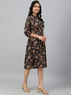 Janasya Women's Black Cotton Floral Printed Flared Western Dress | Grocsy
