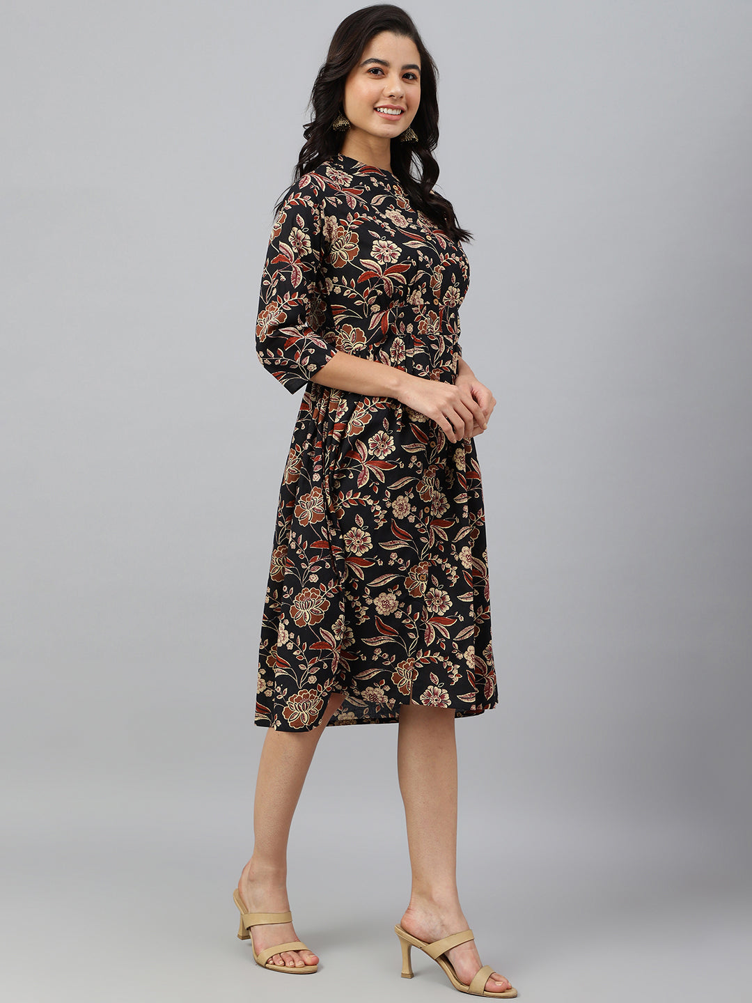 Janasya Women's Black Cotton Floral Printed Flared Western Dress | Grocsy