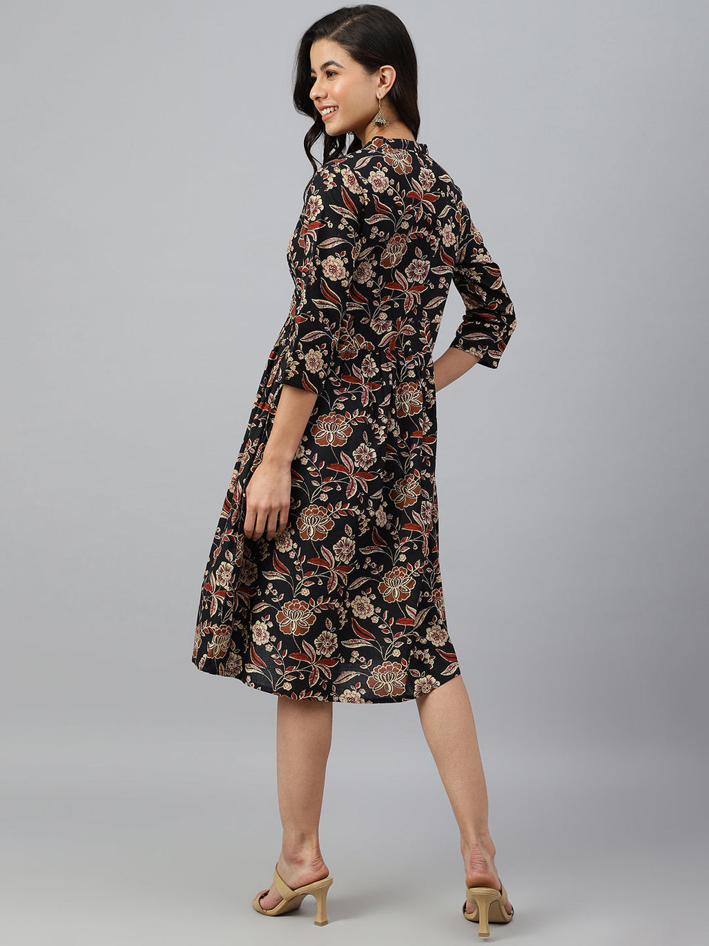 Janasya Women's Black Cotton Floral Printed Flared Western Dress | Grocsy