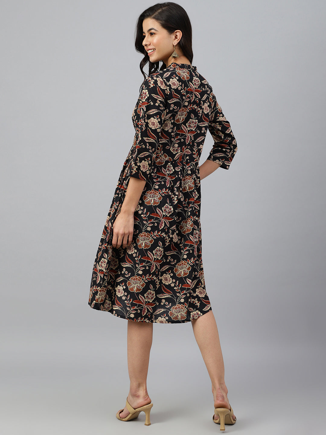Janasya Women's Black Cotton Floral Printed Flared Western Dress | Grocsy