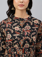 Janasya Women's Black Cotton Floral Printed Flared Western Dress | Grocsy