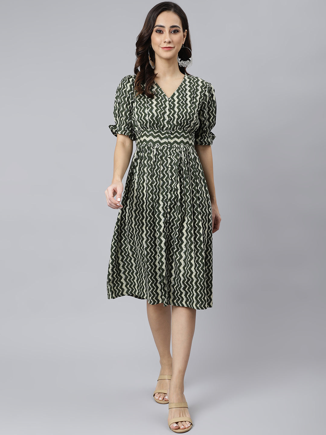 Janasya Women's Olive Cotton Chevron Printed A-line Western Dress | Grocsy