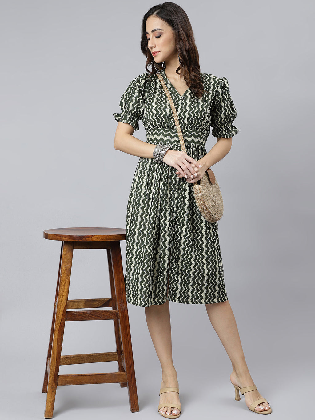 Janasya Women's Olive Cotton Chevron Printed A-line Western Dress | Grocsy