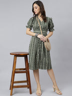Janasya Women's Olive Cotton Chevron Printed A-line Western Dress | Grocsy