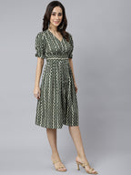 Janasya Women's Olive Cotton Chevron Printed A-line Western Dress | Grocsy