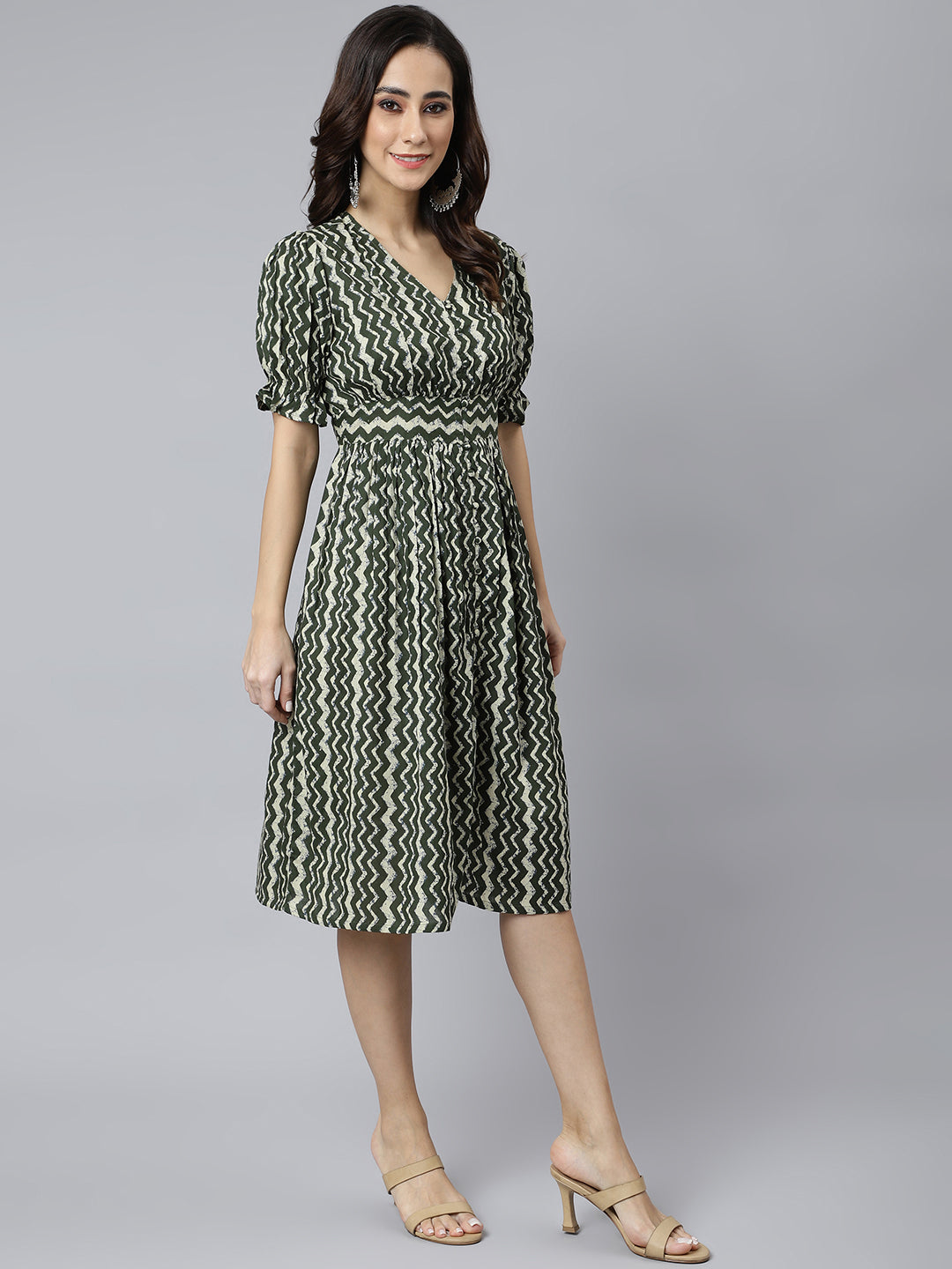 Janasya Women's Olive Cotton Chevron Printed A-line Western Dress | Grocsy