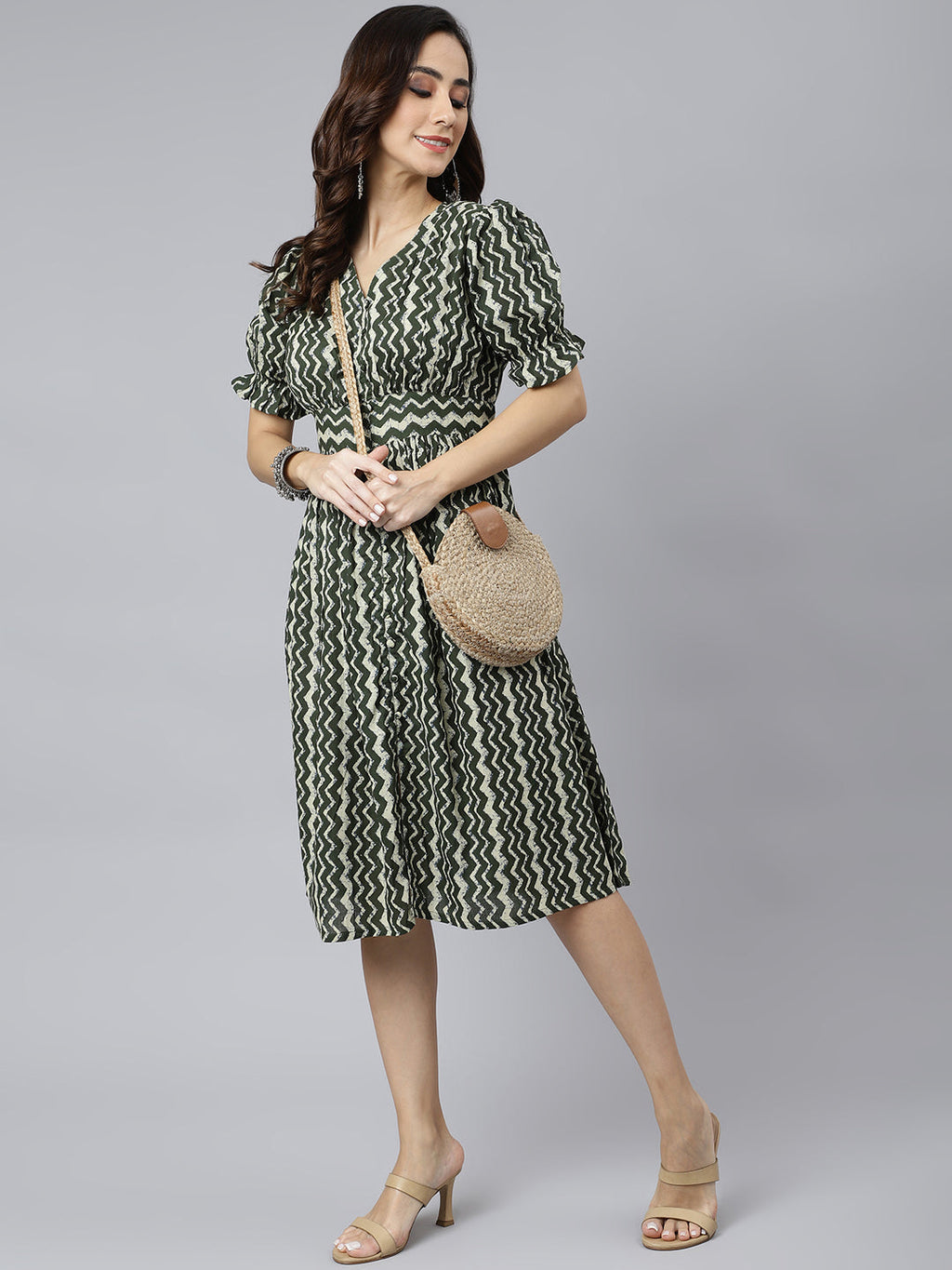 Janasya Women's Olive Cotton Chevron Printed A-line Western Dress | Grocsy