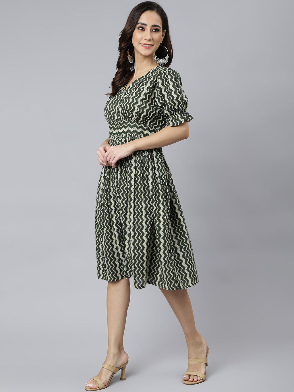 Janasya Women's Olive Cotton Chevron Printed A-line Western Dress | Grocsy