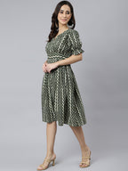 Janasya Women's Olive Cotton Chevron Printed A-line Western Dress | Grocsy