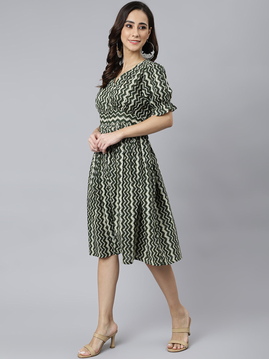 Janasya Women's Olive Cotton Chevron Printed A-line Western Dress | Grocsy