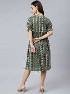 Janasya Women's Olive Cotton Chevron Printed A-line Western Dress | Grocsy