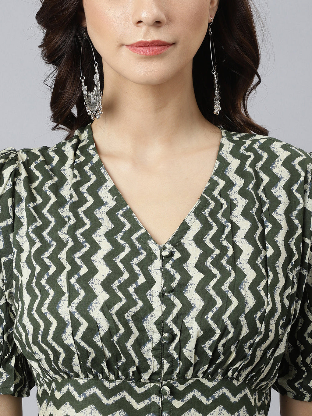 Janasya Women's Olive Cotton Chevron Printed A-line Western Dress | Grocsy