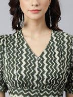 Janasya Women's Olive Cotton Chevron Printed A-line Western Dress | Grocsy