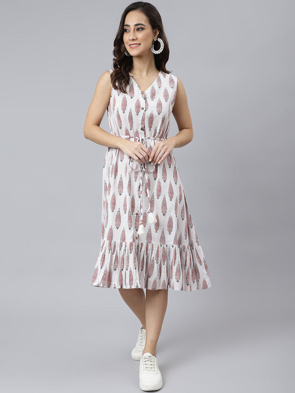 Janasya Women's White Cotton Ethnic Motifs Flared Western Dress | Grocsy